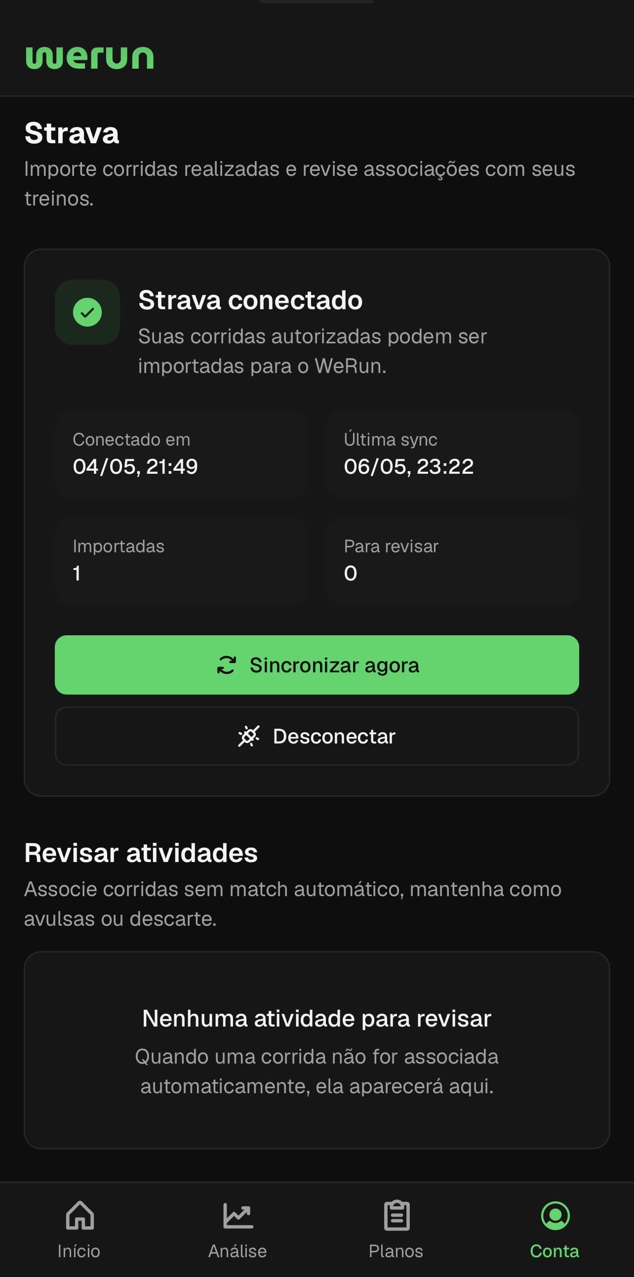 Tela do WeRun: Integrações