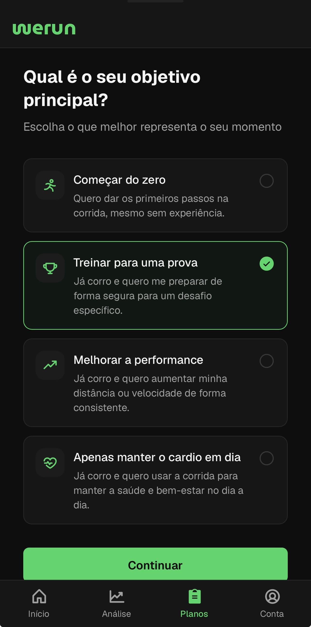 Tela do WeRun: Montagem do plano
